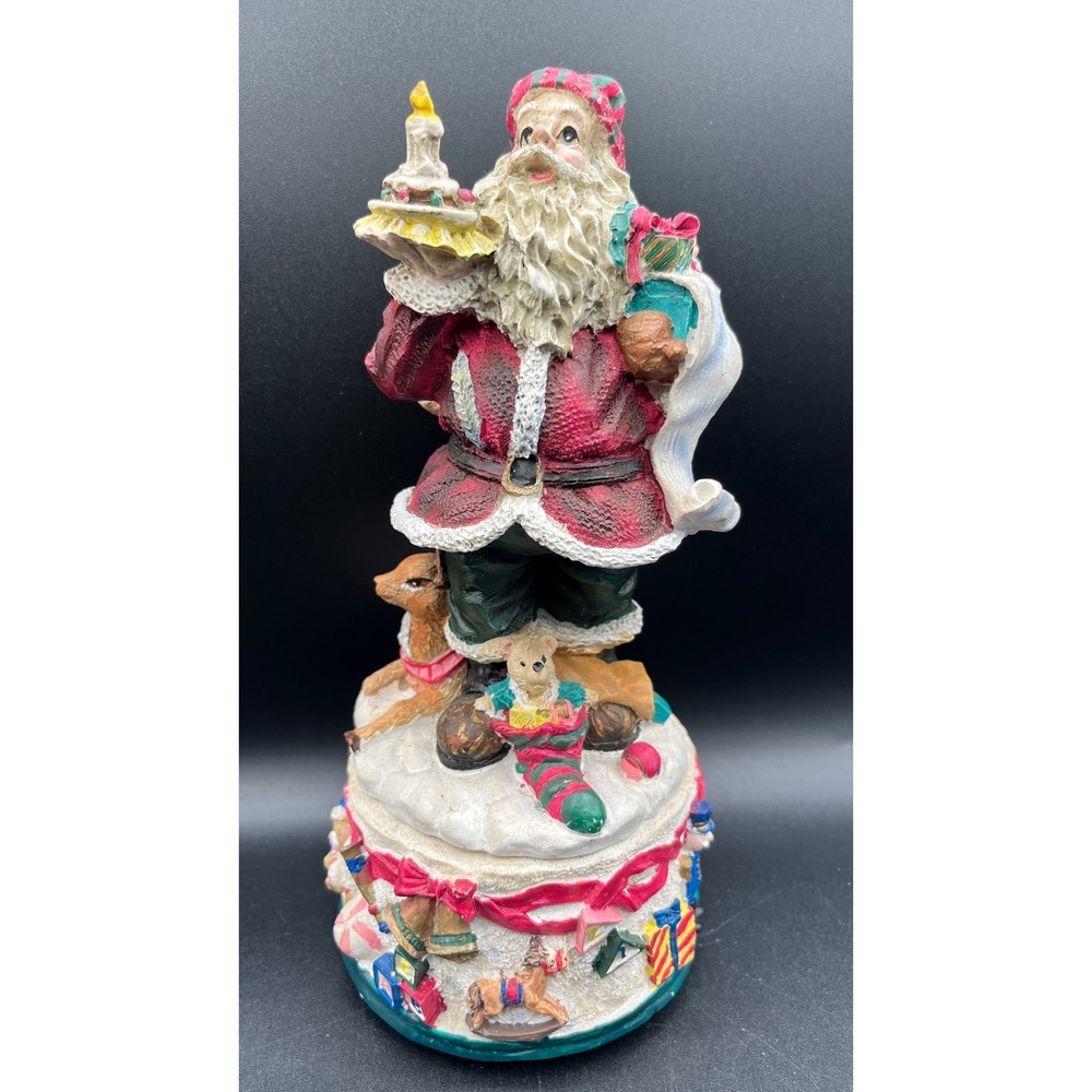 Musical Santa Claus Figurine Christmas Decor Resin Statue with Reindeer 8.5" Vtg